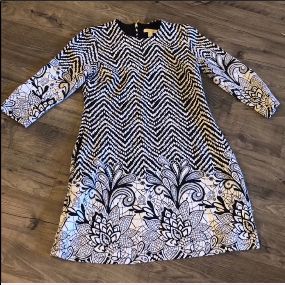 Prelude Black & White Pattern Midi 3/4 Sleeve Dress with Pockets Size M